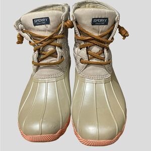 Sperry Saltwater Duck Boots Girls 4 Cream Peach Quilted Rain Snow Boots